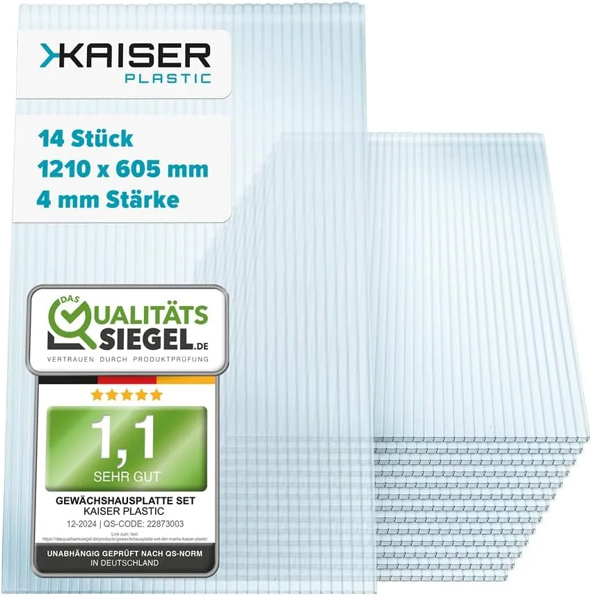 KAISER plastic® Xtra Strong | 14er Set Gewächshausplatten | Stärke 4mm | 1210 x 605 mm | Polycarbonat (PC) | 10,25 m2 | Gewicht: 700g/m2 | Hohlkammerplatte - Doppelstegplatte - Bild 1