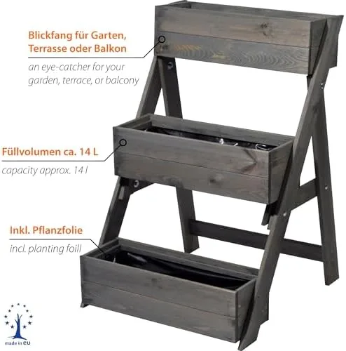 dobar® Dreistufige Pflanztreppe Outdoor aus Massiv-Holz für Balkon und Garten - Blumenbeet mit 3 Pflanzkästen wetterfest lasiert für draußen - 60 x 70 x 90 cm - Anthrazit – Bild 4