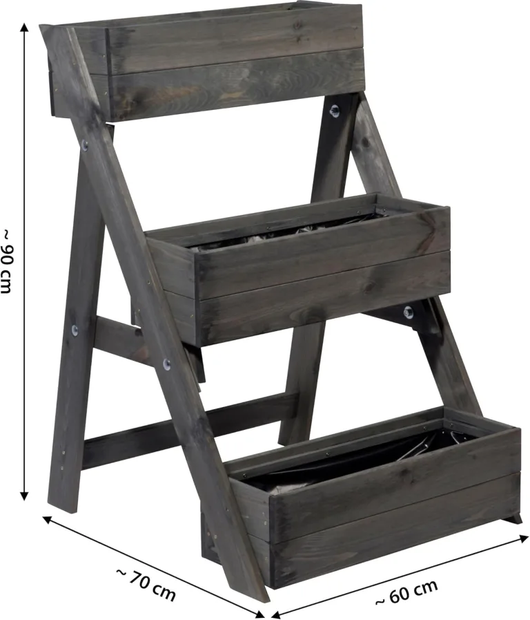 dobar® Dreistufige Pflanztreppe Outdoor aus Massiv-Holz für Balkon und Garten - Blumenbeet mit 3 Pflanzkästen wetterfest lasiert für draußen - 60 x 70 x 90 cm - Anthrazit – Bild 8