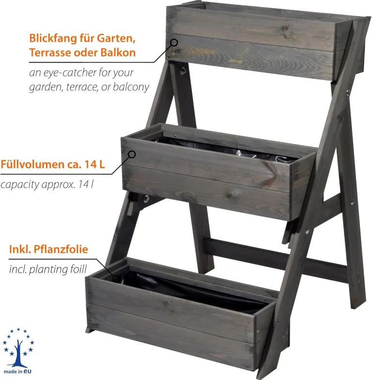 dobar® Dreistufige Pflanztreppe Outdoor aus Massiv-Holz für Balkon und Garten - Blumenbeet mit 3 Pflanzkästen wetterfest lasiert für draußen - 60 x 70 x 90 cm - Anthrazit – Bild 9