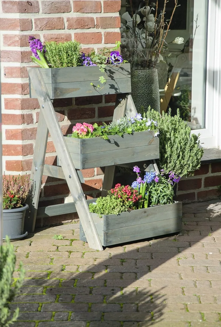 dobar® Dreistufige Pflanztreppe Outdoor aus Massiv-Holz für Balkon und Garten - Blumenbeet mit 3 Pflanzkästen wetterfest lasiert für draußen - 60 x 70 x 90 cm - Anthrazit – Bild 10