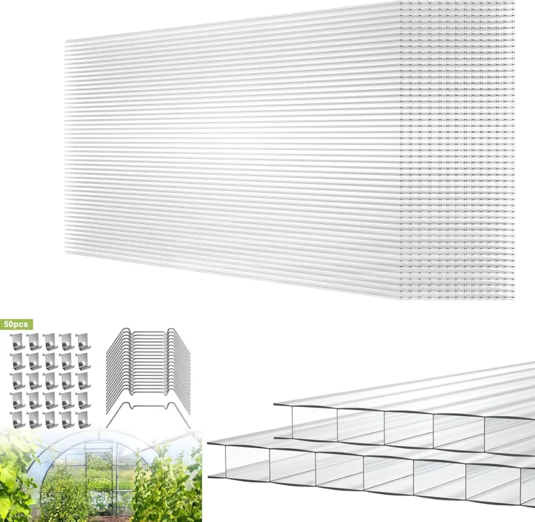 14 Pcs Polycarbonat Hohlkammerplatten Hohlkammerstegplatten Doppelstegplatten transparente Polykarbonat Platten 4 mm stark 60,5 x 121 cm Ersatzteile für Garten Treibhaus Ersatzplatten 10,25 m² – Bild 1