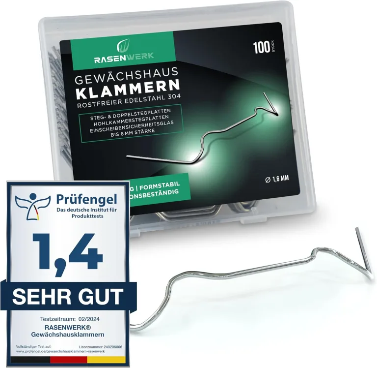 Gewächshausklammern aus 304 Edelstahl (rostfrei) - 100 Stück - Gewächshausklemmen mit hoher Spannkraft - Montageklammern für Glashaus – Gewächshaus Zubehör - 95 x 40 mm - 1,6 mm Dicke – Bild 1