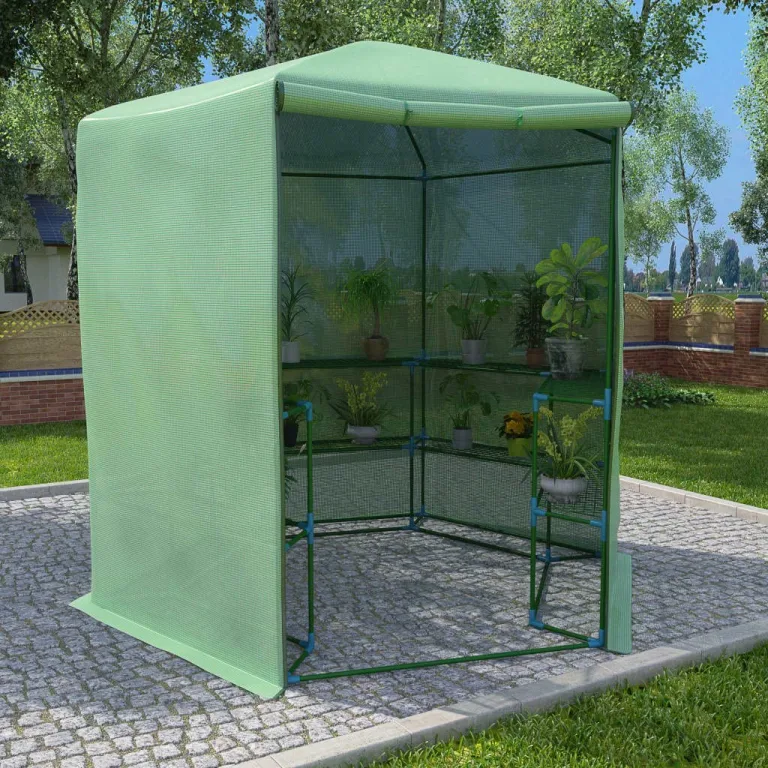 vidaXL Gewächshaus mit Regalen 1 Tür Pflanzenhaus Treibhaus Tomatenhaus Garten Foliengewächshaus Folienzelt Frühbeet Stahl 227x223cm – Bild 1