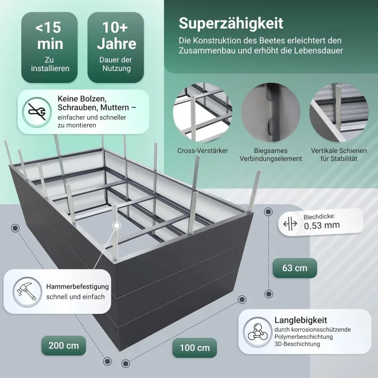 Hochbeet Metall 200x100x63 cm – Großes Hochbeet für Garten aus Stahl, Grau – Verzinkt & Pulverbeschichtet Rostfrei mit Maulwurfnetz – Hochbeete-Kit ideal als Kräuterbeet – Bild 2