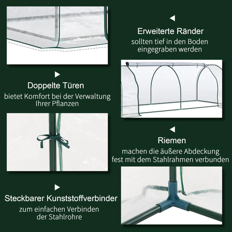 Outsunny Gewächshaus mit Rollfenster winterfest Foliengewächshaus aus Stahl wasserabweisend Treibhaus für Balkon Garten Tomatenhaus mit UV schutz 250x100x80cm Tomatengewächshaus für Gemüse Transparent – Bild 5