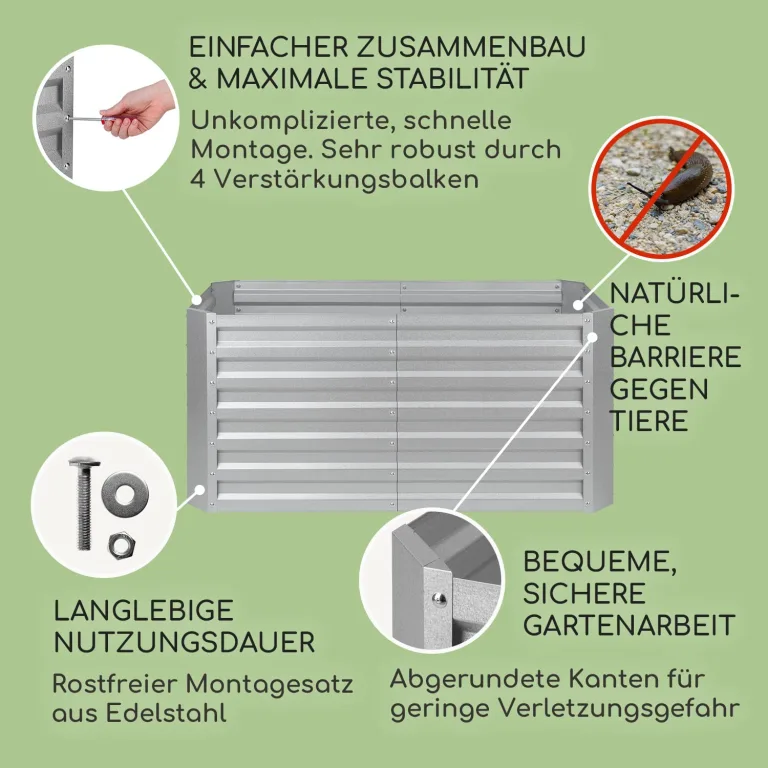 blumfeldt Hochbeet High Grow Straight Material: verzinkter Stahl. Durchmesser: 0,6 mm. Rostschutz. 4x Aluminium Schutzleisten. Maße: 120 x 60 x 60 cm. Volumen: 432 l. Farbe: Silberfarben. – Bild 3