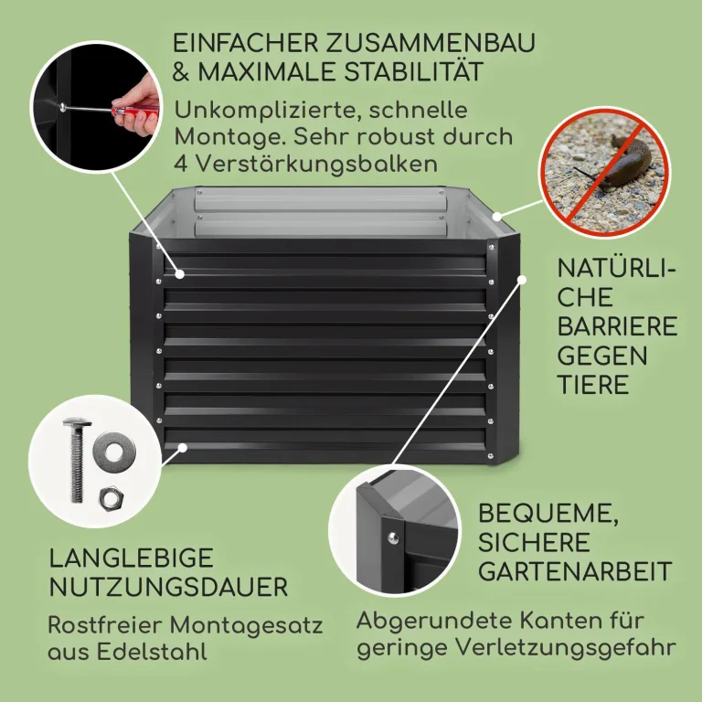 blumfeldt Hochbeet High Grow Straight Material: verzinkter Stahl. Durchmesser: 0,6 mm. Rostschutz. 4x Aluminium Schutzleisten. Maße: 100 x 60 x 100 cm. Volumen: 600 l. Anthrazit. – Bild 3