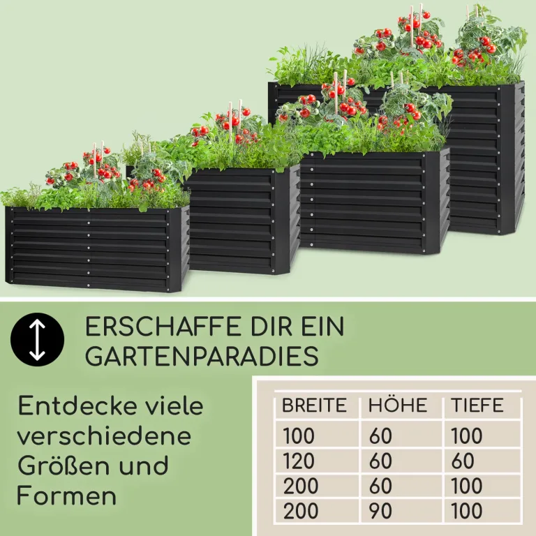 blumfeldt Hochbeet High Grow Straight Material: verzinkter Stahl. Durchmesser: 0,6 mm. Rostschutz. 4X Aluminium Schutzleisten. Maße: 200 x 90 x 100 cm. Volumen: 1800 l. Anthrazit. – Bild 7