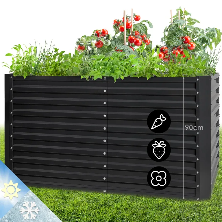 blumfeldt Hochbeet High Grow Straight Material: verzinkter Stahl. Durchmesser: 0,6 mm. Rostschutz. 4X Aluminium Schutzleisten. Maße: 200 x 90 x 100 cm. Volumen: 1800 l. Anthrazit. – Bild 1