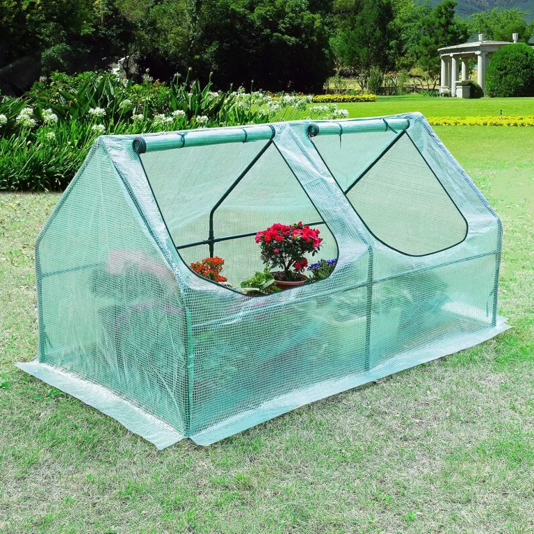 Yorbay Foliengewächshaus Frühbeet Gewächshaus für Tomaten Gemüse Pflanzen, mit UV-beständige Gitternetzfolie und Fernster für Garten zur Aufzucht, Spitzdach, niedrig, Grün, 120 x 60 x 60cm (LxBxH) – Bild 2