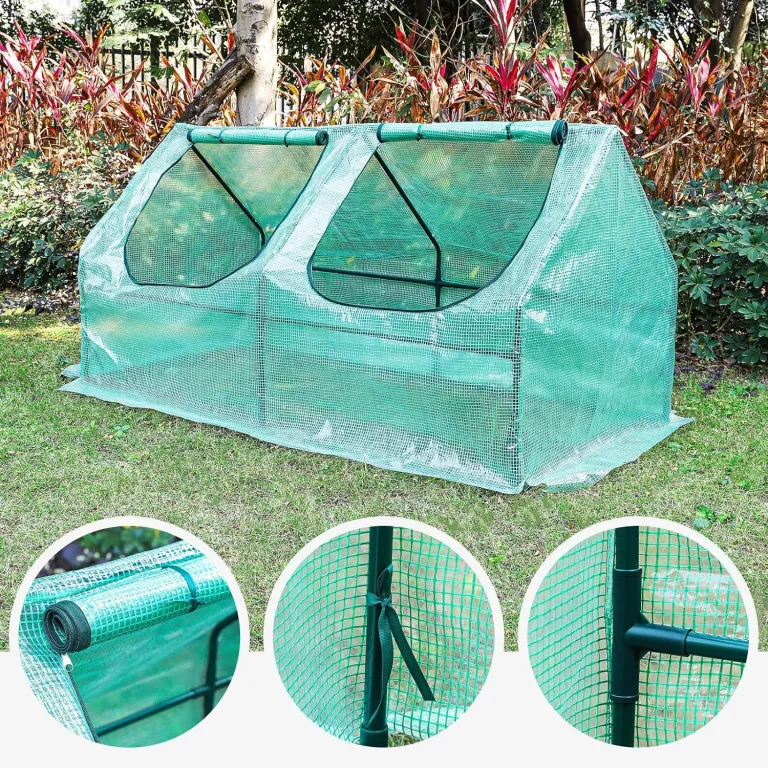 Yorbay Foliengewächshaus Frühbeet Gewächshaus für Tomaten Gemüse Pflanzen, mit UV-beständige Gitternetzfolie und Fernster für Garten zur Aufzucht, Spitzdach, niedrig, Grün, 120 x 60 x 60cm (LxBxH) – Bild 5