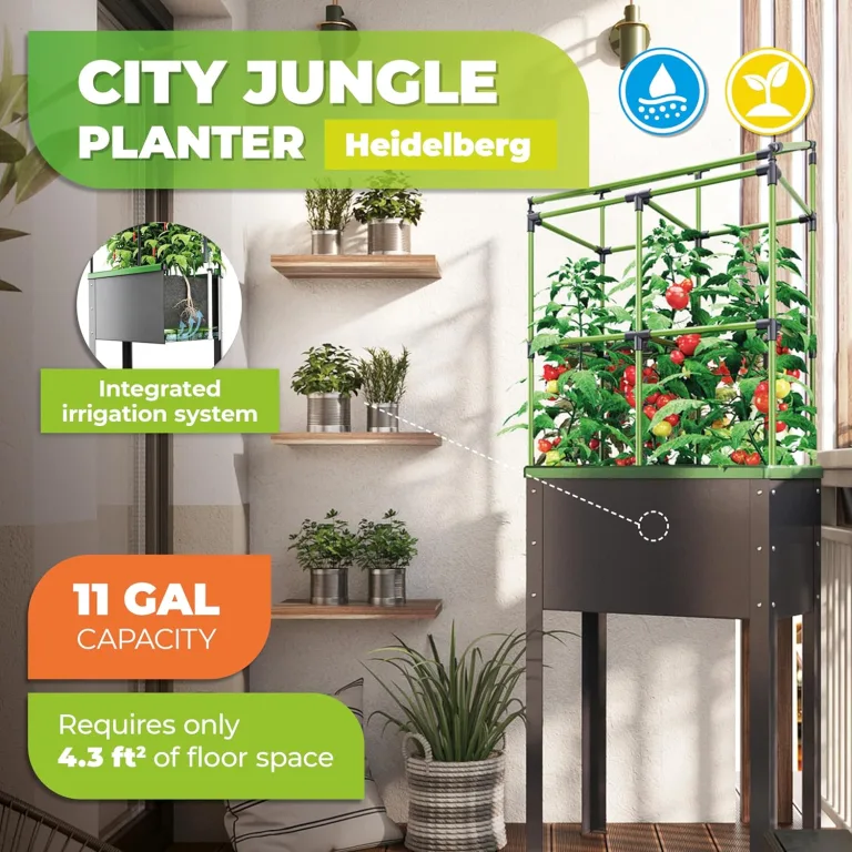 Bio Green Metall-Hochbeet City Jungle Heidelberg für Innen und Außen | Bewässerungssystem und Rankgitter integriert | Pflanzkübel für Gemüse, Kräuter und Blumen | B 62 x T 32 x H 160 cm – Bild 4