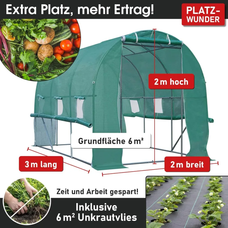 BRAST Gewächshaus Foliengewächshaus mit Stahlfundament | 2x3m - 3x8m | inkl. Erdanker Unkrautvlies & aufrollbare Seitenwände mit Moskitonetz | UV-stabilisierte Gitterschutzfolie 200g/m² | 200x300cm – Bild 3