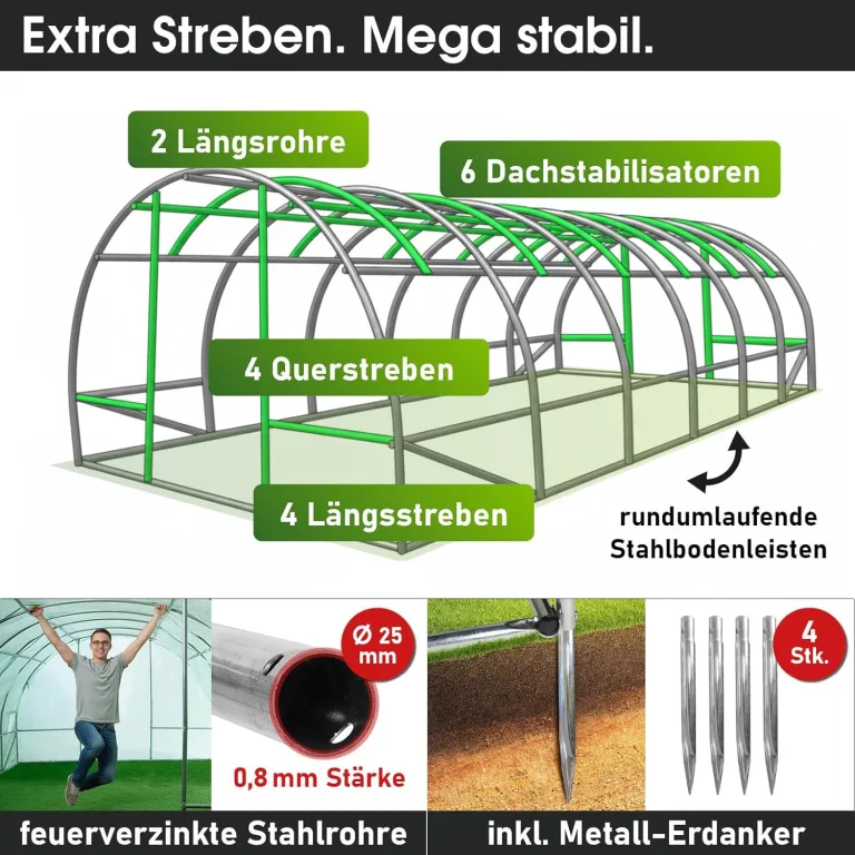 BRAST Gewächshaus Foliengewächshaus mit Stahlfundament | 2x3m - 3x8m | inkl. Erdanker Unkrautvlies & aufrollbare Seitenwände mit Moskitonetz | UV-stabilisierte Gitterschutzfolie 200g/m² | 300x600cm – Bild 4