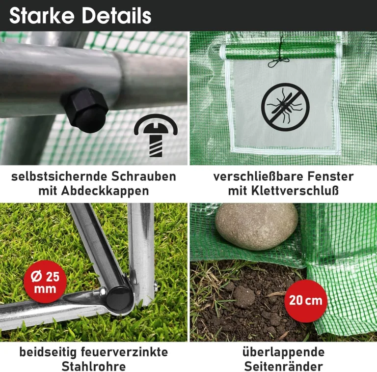 BRAST Gewächshaus Foliengewächshaus mit Stahlfundament | 2x3m - 3x8m | inkl. Erdanker Unkrautvlies & aufrollbare Seitenwände mit Moskitonetz | UV-stabilisierte Gitterschutzfolie 200g/m² | 300x600cm – Bild 8