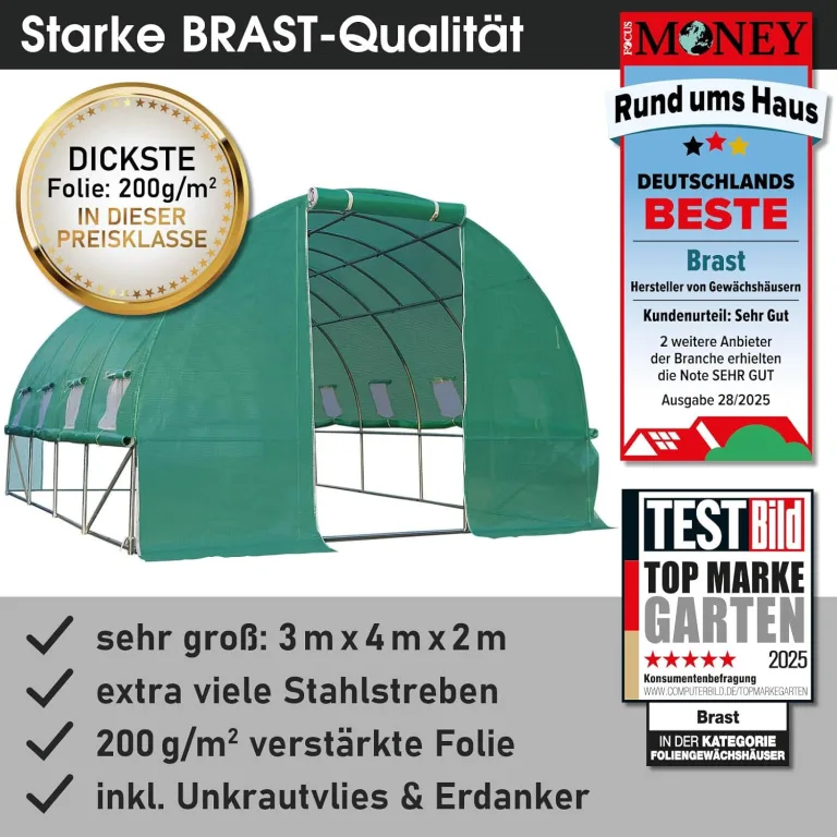 BRAST Gewächshaus Foliengewächshaus mit Stahlfundament | 2x3m - 3x8m | inkl. Erdanker Unkrautvlies & aufrollbare Seitenwände mit Moskitonetz | UV-stabilisierte Gitterschutzfolie 200g/m² | 300x400cm – Bild 7