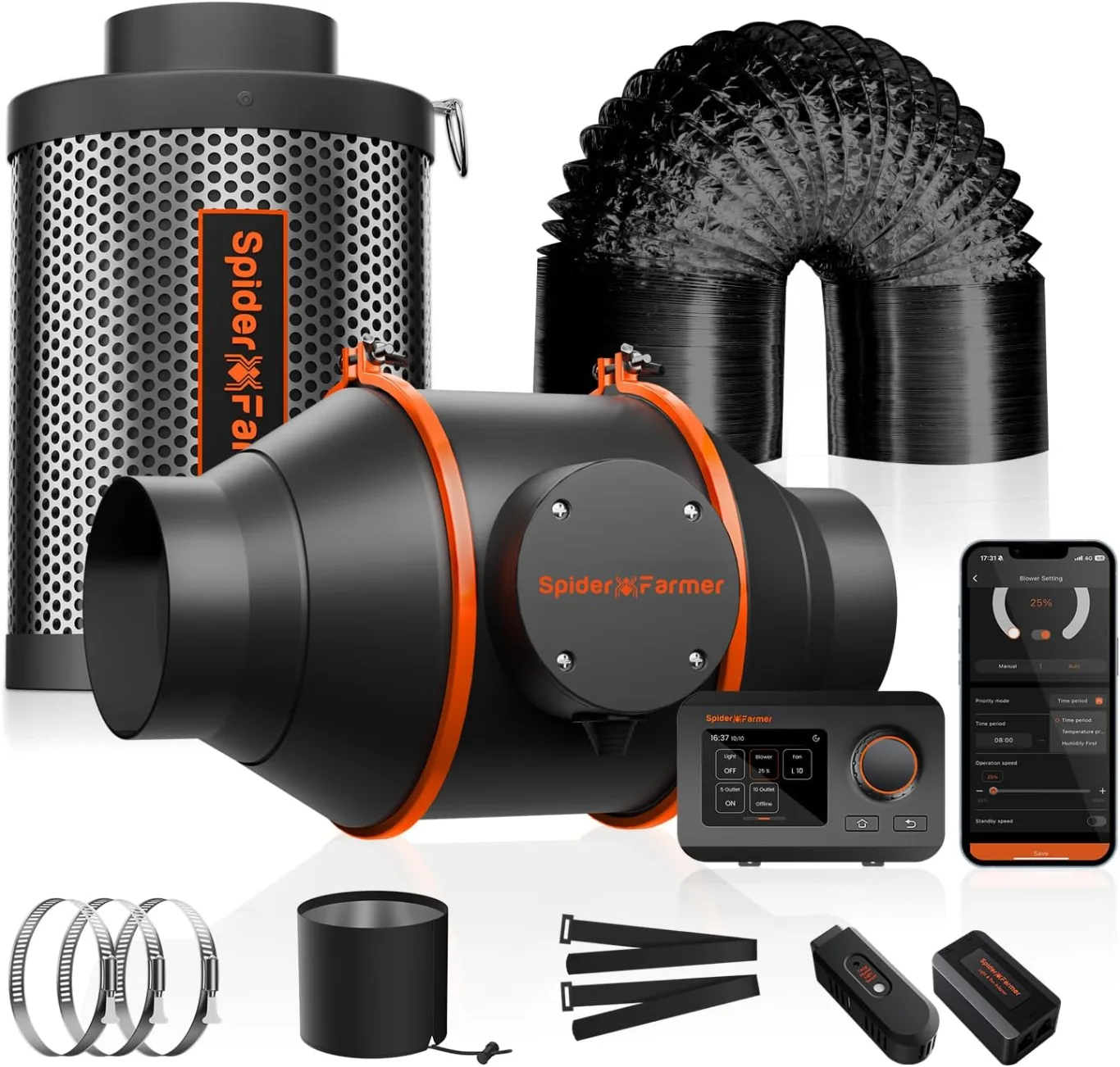 Spider Farmer Rohrventilator 100mm/4 Inch Abluftset mit GGS Temp Feucht Controller, Aktivkohlefilter Schlauch Abluft Lüfter, Belüftungssystem Lüftungsset für Growzelt, Growbox - Bild 1