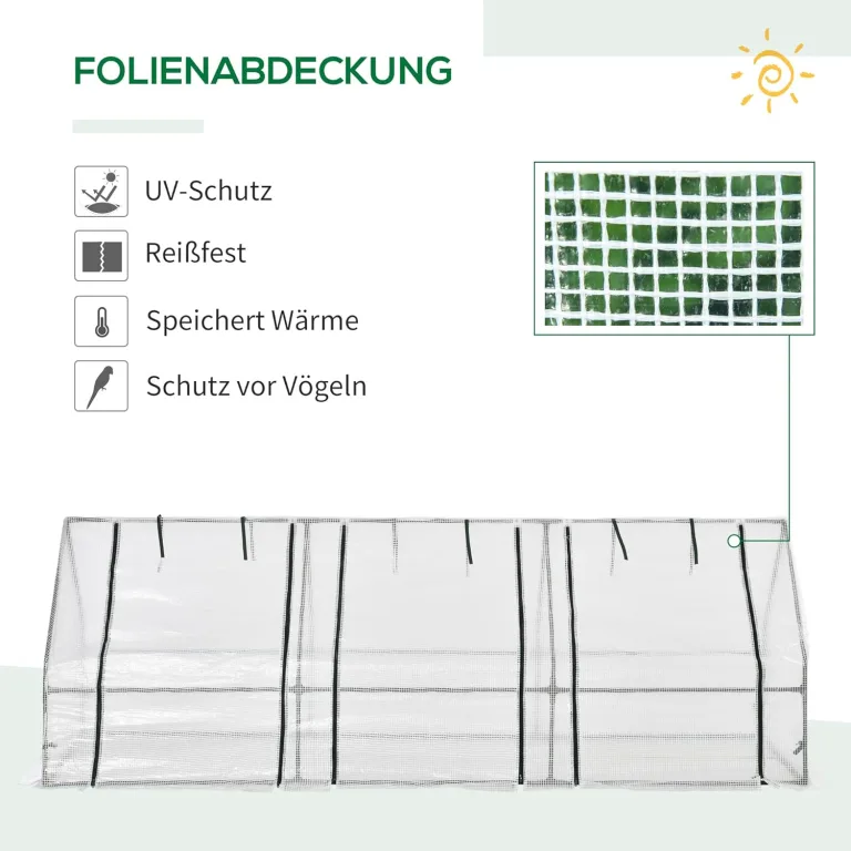 Outsunny Gewächshaus mit 3 Rollfenster, PE-Gitterfolie, Foliengewächshaus aus Stahl, Treibhaus für Balkon, Garten, Tomatenhaus 270x90x90cm, Tomatengewächshaus für Gemüse, Blumen, Pflanzen, Weiß – Bild 5