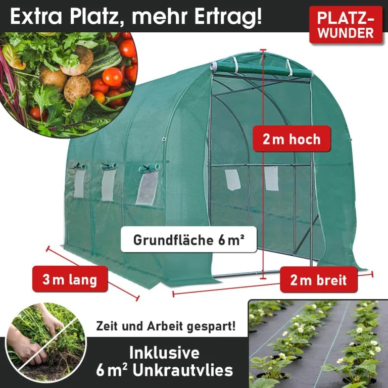 BRAST Gewächshaus Foliengewächshaus mit Stahlfundament | 2x3m - 3x8m | inkl. Erdanker Unkrautvlies & 6 Aufrollbare Fenster mit Moskitonetz | UV-stabilisierte Gitterschutzfolie 200g/m² | 200x300cm – Bild 4
