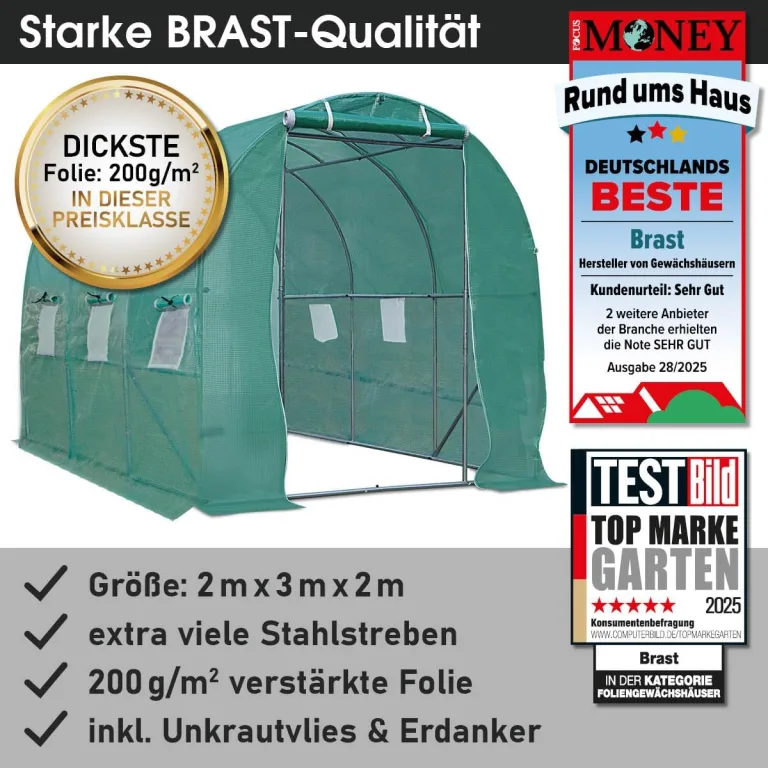 BRAST Gewächshaus Foliengewächshaus mit Stahlfundament | 2x3m - 3x8m | inkl. Erdanker Unkrautvlies & 6 Aufrollbare Fenster mit Moskitonetz | UV-stabilisierte Gitterschutzfolie 200g/m² | 200x300cm – Bild 8