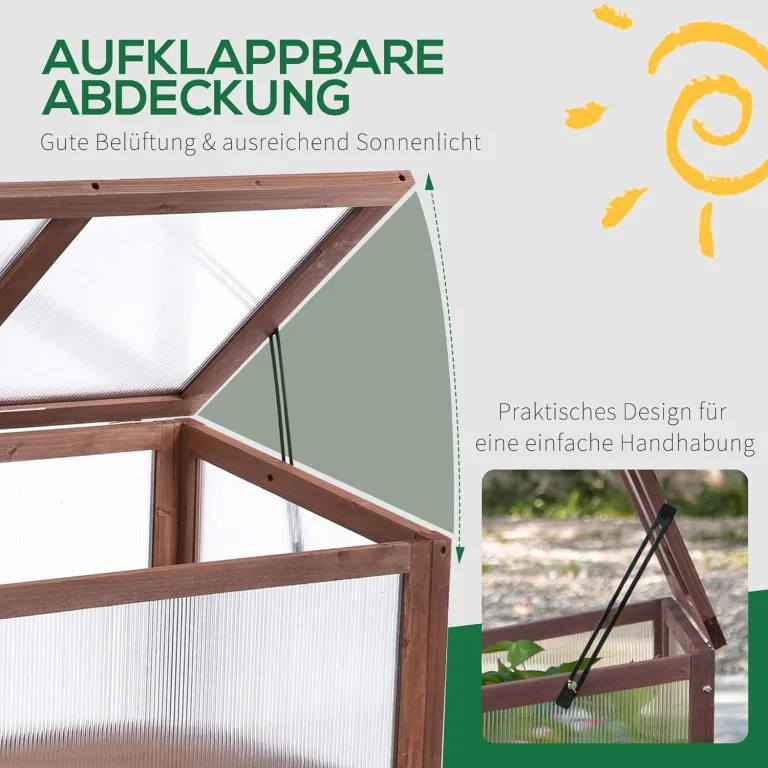Outsunny Hochbeet aus Holz Frühbeet 90 x 50 x 93 cm Gewächstisch mit Abdeckung wetterfes Kräuterbeet Pflanzkasten für Garten, Balkon und Terrasse Braun – Bild 4