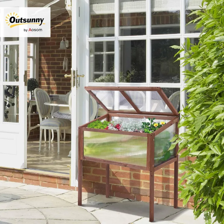 Outsunny Hochbeet aus Holz Frühbeet 90 x 50 x 93 cm Gewächstisch mit Abdeckung wetterfes Kräuterbeet Pflanzkasten für Garten, Balkon und Terrasse Braun – Bild 2