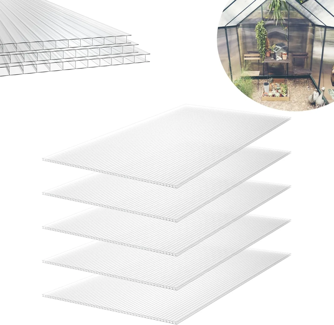 Froadp 14pcs Gewächshausplatten Zuschneidbar Stegplatten UV-Beständigen Polycarbonat Hohlkammerplatten 605x1210x4mm Polycarbonatplatten Transparente Doppelstegplatten für Garten Gewächshäuser - Bild 1