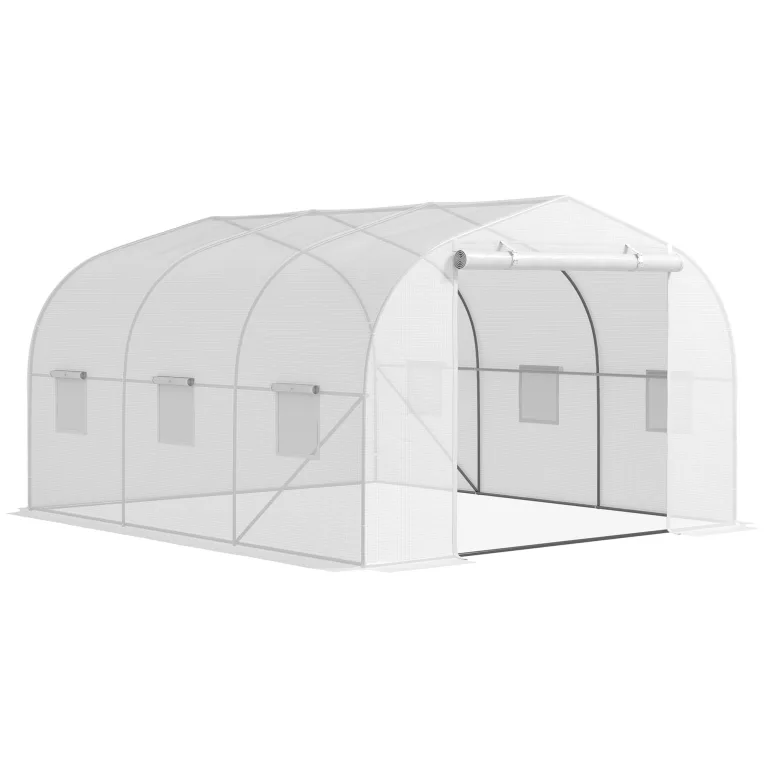 Outsunny Gewächshaus Gartentunnel Abm. 3,5L x 3l x 2H m Tür + 6 aufrollbare Fenster Verzinkter Stahl PE-Plane Hohe Dichte Weiß – Bild 1