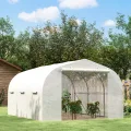 Outsunny Gewächshaus Gartentunnel Abm. 3,5L x 3l x 2H m Tür + 6 aufrollbare Fenster Verzinkter Stahl PE-Plane Hohe Dichte Weiß - Thumbnail 2