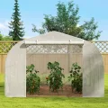 Outsunny Gewächshaus Gartentunnel Abm. 3,5L x 3l x 2H m Tür + 6 aufrollbare Fenster Verzinkter Stahl PE-Plane Hohe Dichte Weiß - Thumbnail 7
