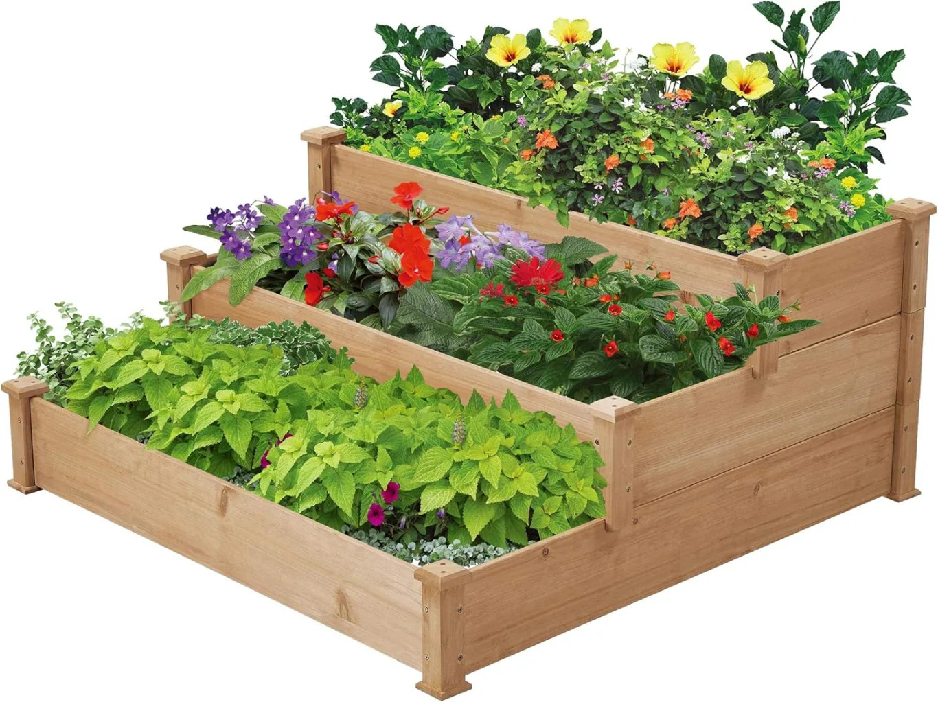 Yaheetech 3 stufiges Hochbeet Holz Balkon Garten Kräuterbeet Frühbeet Gartenbeet Pflanzenbeet Stufenbeet Blumentreppe stapelbar, 120 x 120 x 56 cm - Bild 1
