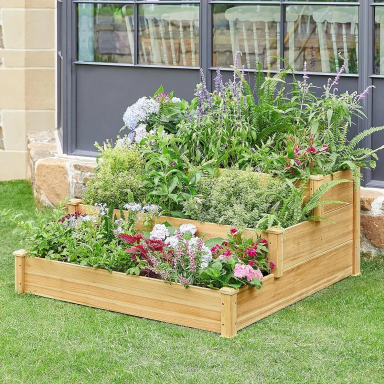 Yaheetech 3 stufiges Hochbeet Holz Balkon Garten Kräuterbeet Frühbeet Gartenbeet Pflanzenbeet Stufenbeet Blumentreppe stapelbar, 120 x 120 x 56 cm – Bild 3
