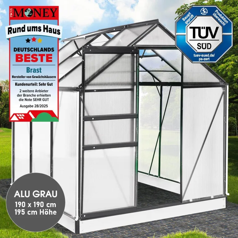 BRAST Gewächshaus Aluminium mit Fundament | 42 Modelle | 130x190x195cm - 490x250x235cm | TÜV geprüft | 6mm Hohlkammerplatten | rostfrei wetterfest temperaturbeständig | 190x190x195cm Grau – Bild 2