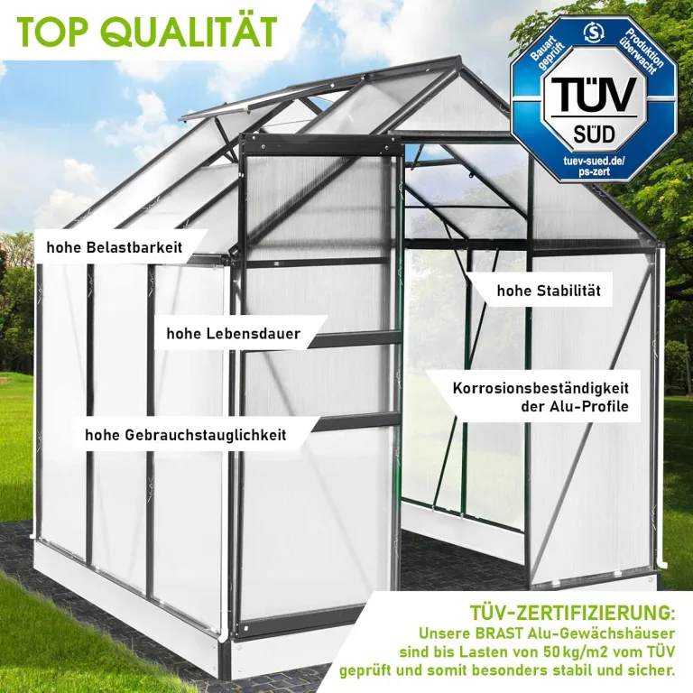 BRAST Gewächshaus Aluminium mit Fundament | 42 Modelle | 130x190x195cm - 490x250x235cm | TÜV geprüft | 6mm Hohlkammerplatten | rostfrei wetterfest temperaturbeständig | 190x190x195cm Grau – Bild 3