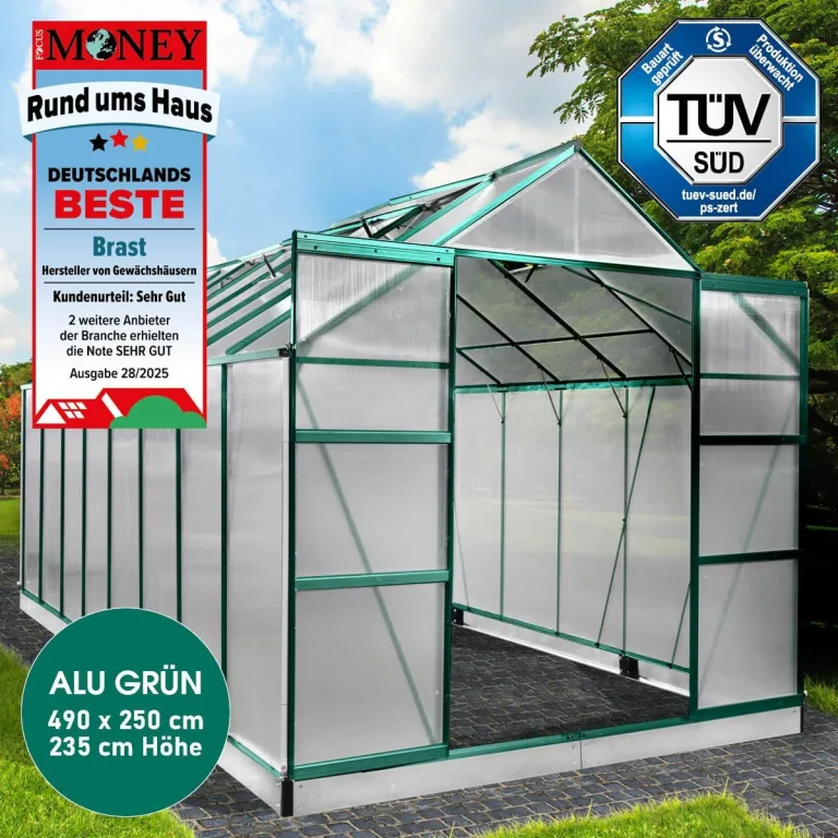 BRAST Gewächshaus Aluminium mit Fundament | 42 Modelle | 130x190x195cm - 490x250x235cm | TÜV geprüft | 6mm Hohlkammerplatten | rostfrei wetterfest temperaturbeständig | 490x250x235cm Grün – Bild 3