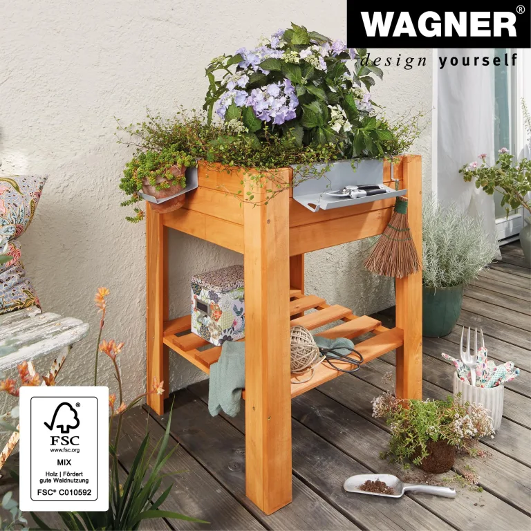 WAGNER GrowFAMILY - Hochbeet - GrowBOX Light - Nadelholz, Massivholz FSC®, Kastanie, 53,5 x 53,5 x 70 cm, Regalboden, inkl. Pflanztasche - 25038001 – Bild 3
