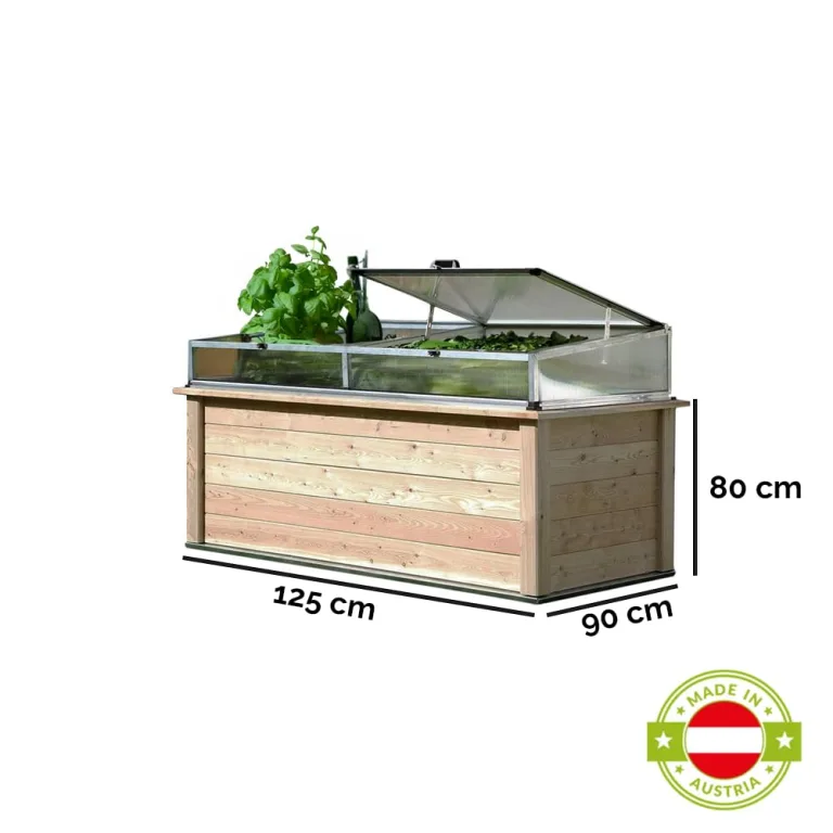 4betterdays.com Hochbeet aus Massivholz regionaler Gebirgslärche - inkl. Noppenfolie und Wühlmausgitter - Made in Austria - inkl. Frühbeetaufsatz & automatischem Fensteröffner - 125x92x80cm – Bild 5