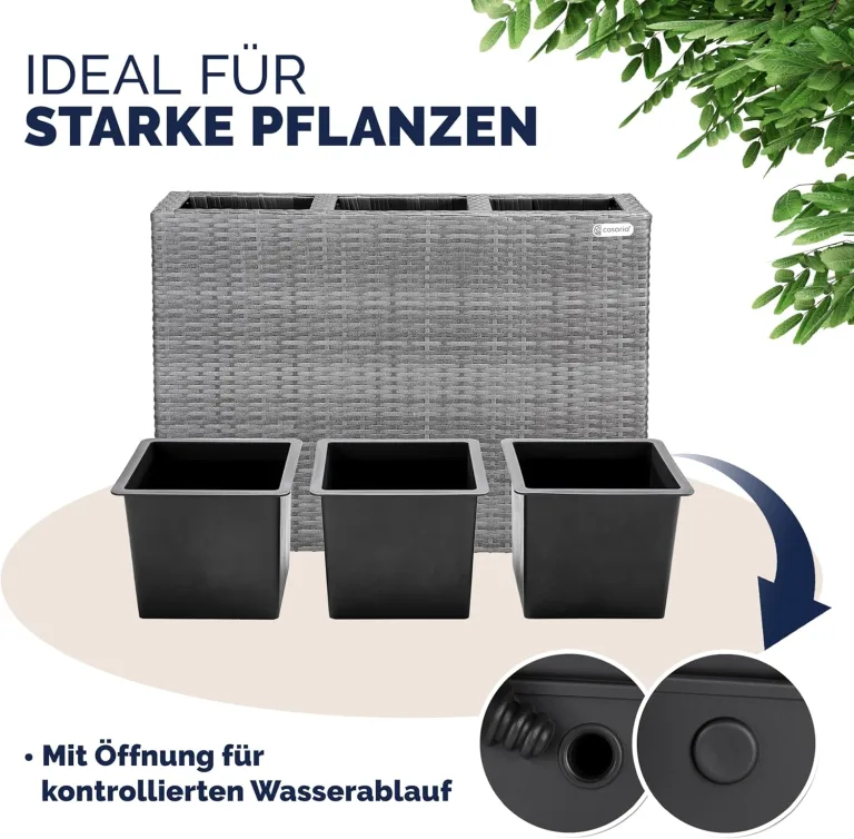 Casaria® Blumenkasten 3 Innentöpfe Polyrattan Herausnehmbar Wasserablauf Outdoor Rechteckig Pflanzkasten Blumentopf Hochbeet Pflanzkübel Grau – Bild 5