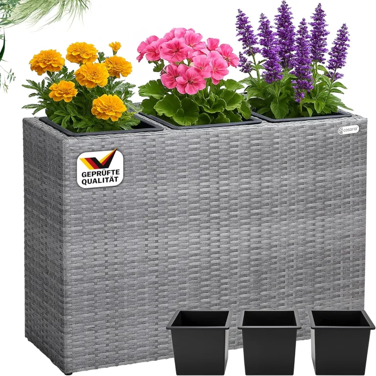 Casaria® Blumenkasten 3 Innentöpfe Polyrattan Herausnehmbar Wasserablauf Outdoor Rechteckig Pflanzkasten Blumentopf Hochbeet Pflanzkübel Grau – Bild 1