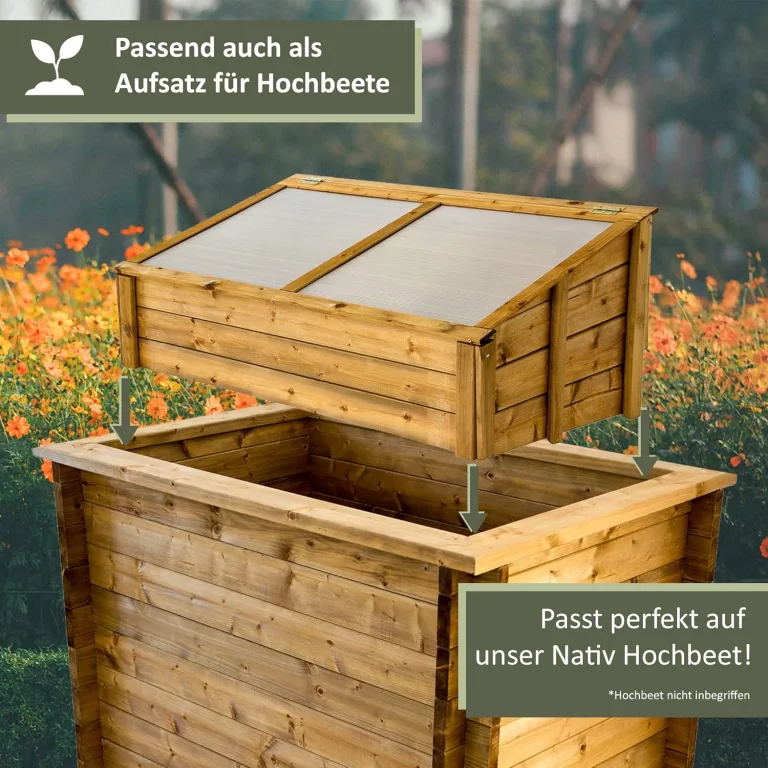 NATIV Frühbeet 100x60 cm | Frühbeetkasten mit Polycarbonatplatten | Frühbeet Aufsatz auch für Hochbeete geeignet | Mini Gewächshaus | teilweise vormontiertes Kräuterbeet (braun) – Bild 7
