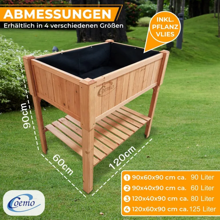 Hochbeet Holz 120 x 60 x 90 cm mit Ablageboden Pflanztrog Hochbeete-Kit Frühbeet Anzuchtbeet Kräuterbeet- Bausatz für Gemüse, Kräuter in Garten, Terrasse, Balkon und Sichtschutz – Bild 6