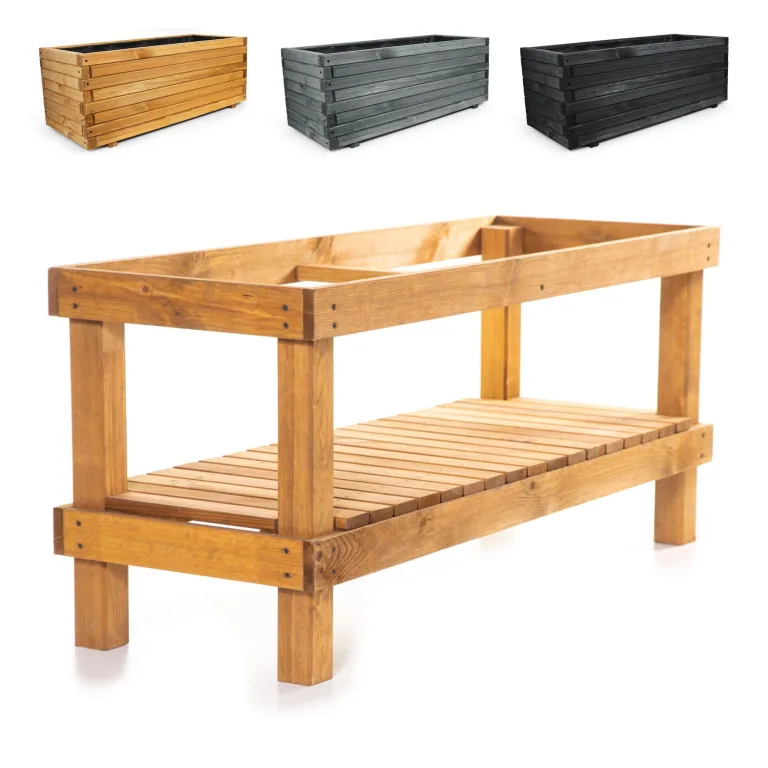 BooGardi Hochbeete-KIT für Pflanzkübel Holz mit Vlies · Unterbau für Hochbeet in 5 Größen · 100 cm lang naturbraun · Untergestell Hochbeete für Garten, Balkon & Terrasse · groß außen rechteckig XXL – Bild 1