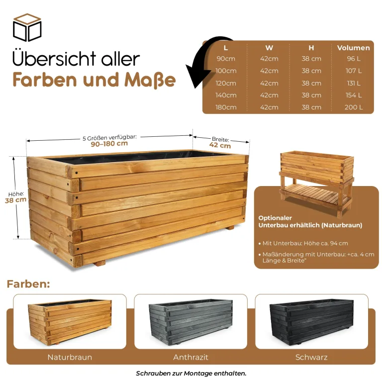 BooGardi Hochbeete-KIT für Pflanzkübel Holz mit Vlies · Unterbau für Hochbeet in 5 Größen · 120 cm lang naturbraun · Untergestell Hochbeete für Garten, Balkon & Terrasse · groß außen rechteckig XXL – Bild 2