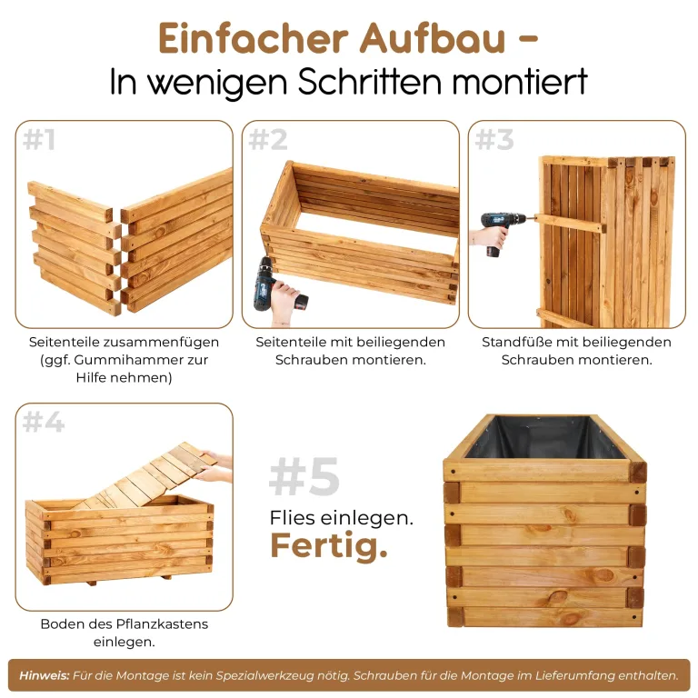 BooGardi Hochbeete-KIT für Pflanzkübel Holz mit Vlies · Unterbau für Hochbeet in 5 Größen · 120 cm lang naturbraun · Untergestell Hochbeete für Garten, Balkon & Terrasse · groß außen rechteckig XXL – Bild 6