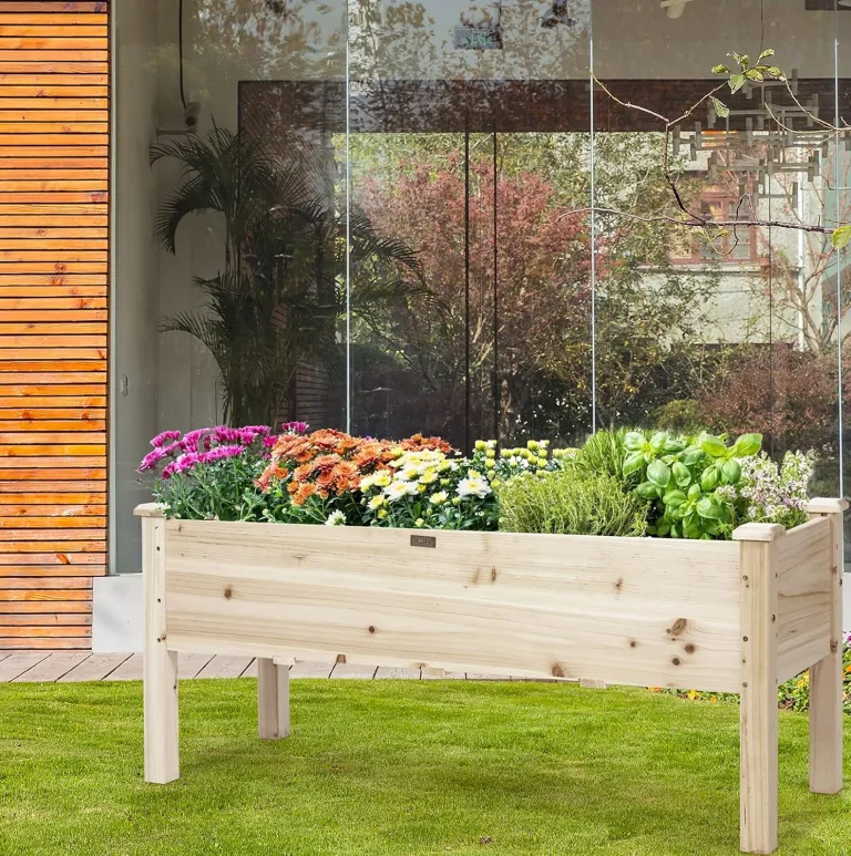 GIANTEX Hochbeet Holz Tannenholz, Kräuterbeet Blumenbeet 120 x 43,5 x 51 cm, Kräuter Frühbeet rechteckig groß, Pflanzkasten mit Ablauflöchern, Hochbeet Kinder, für Balkon/Garten/Terrasse – Bild 2