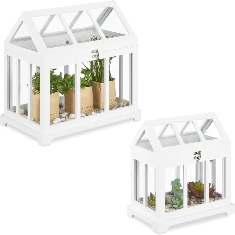 Relaxdays Mini Gewächhaus, 2er Set, für die Fensterbank, Indoor Treibhaus, Glas und MDF, Kräuter, Blumen, 2 Größen, weiß, 37 x 37.5 x 24 cm – Bild 1