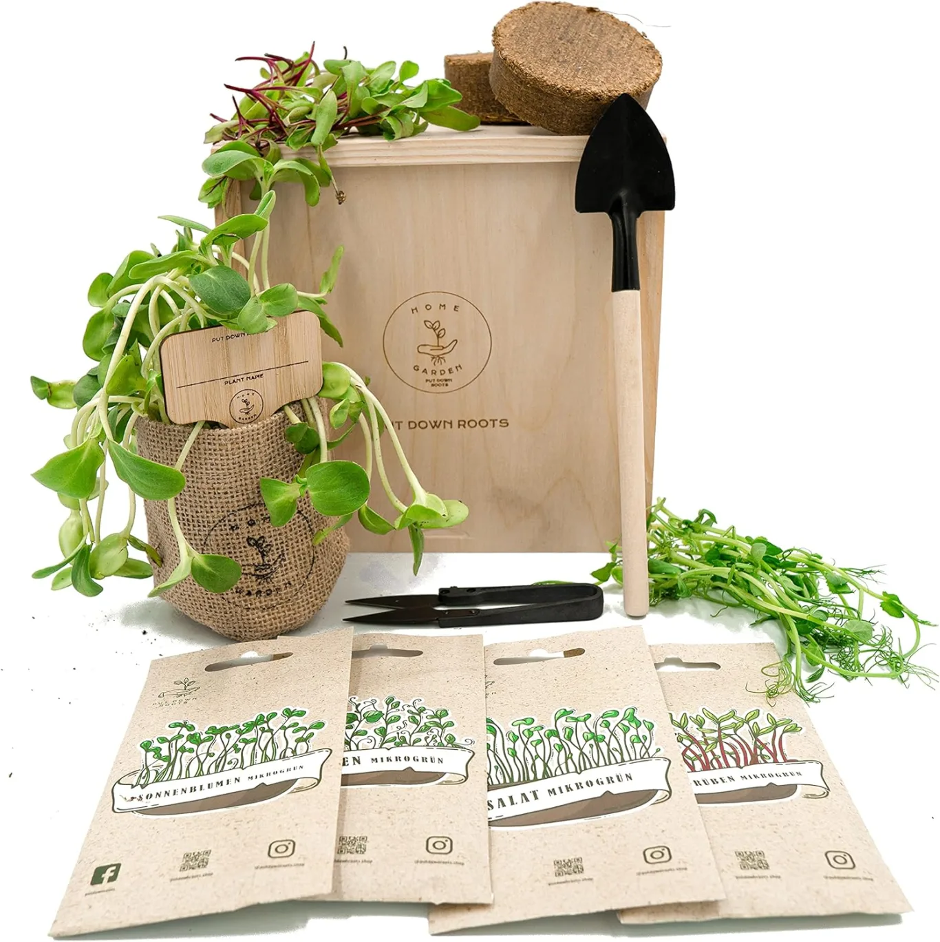 PUT DOWN ROOTS MIKROGRÜN ANZUCHTSET 4 Pflanzen Samen-Garten Starter-Set öko Saatgut mit Holzkiste mit Deckel, mini gewächshaus, kinderküche zubehör Kinder Anzuchtset - Bild 1