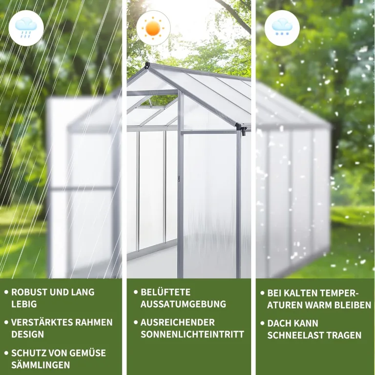 Gewächshaus Aluminium für den Garten |Mit 8 cm dickeres Fundament| 242*190*195 cm | Vielseitig nutzbar als Treibhaus Gartenhaus winterfest Aufzucht Tomatenhaus Frühbeet und Pflanzenhaus silber – Bild 5