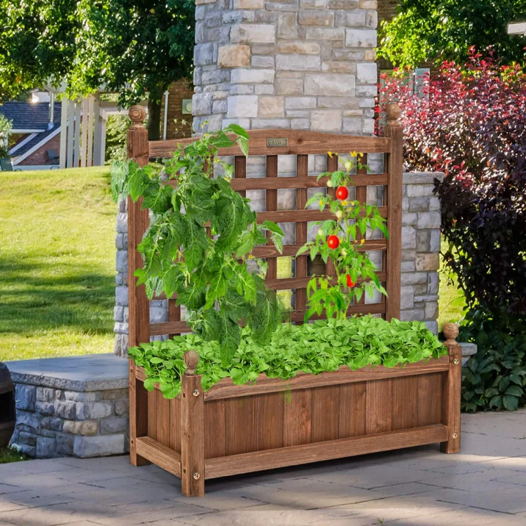 COSTWAY Blumenkasten mit Rankgitter, Pflanzkasten Holz, Hochbeet mit Spalier, Blumenkübel Rankhilfe, Gartenspalier Rankkasten für Kletterpflanze, Garten Terrasse Hinterhof, 64,5 x 28 x 75 cm, Braun – Bild 5